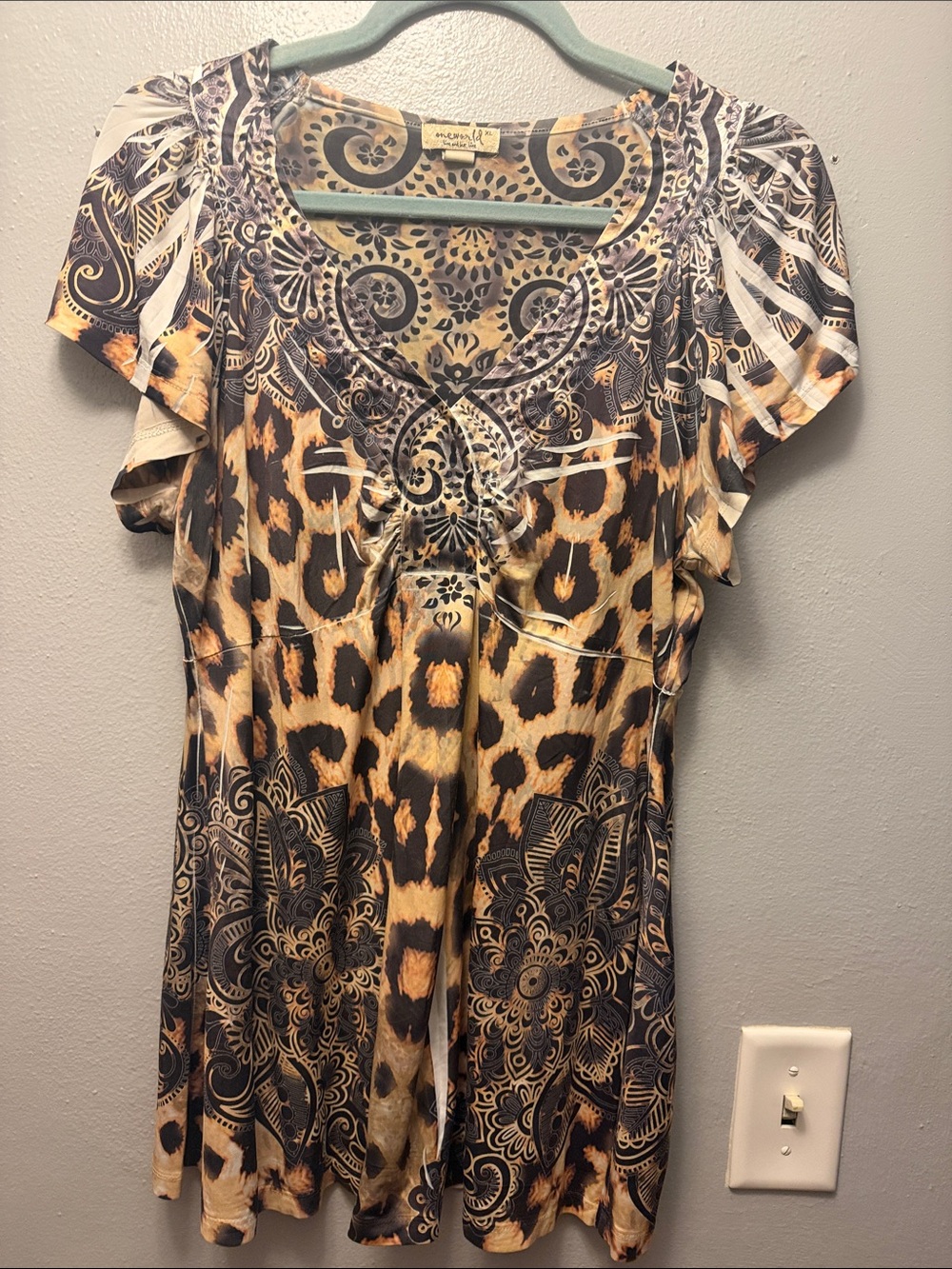 ONE WORLD Short Sleeve Mixed Leopard & Paisley Print Top - Tan, Black